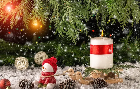 Картинка снег, украшения, игрушки, Новый Год, Рождество, снеговик, christmas, wood