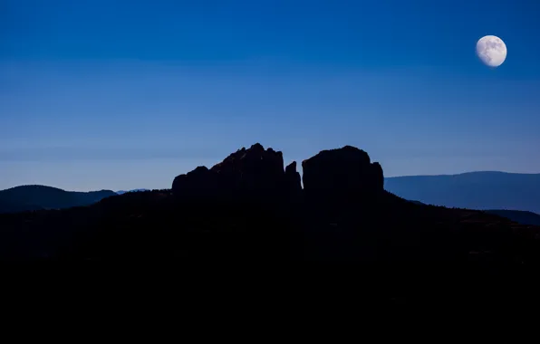 Горы, ночь, скала, луна, силуэт, каньон, USA, Arizona