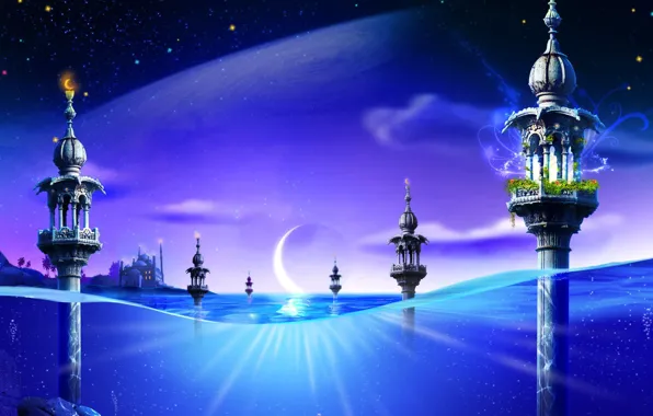 Картинка синий, фантазия, луна, Вода, башни