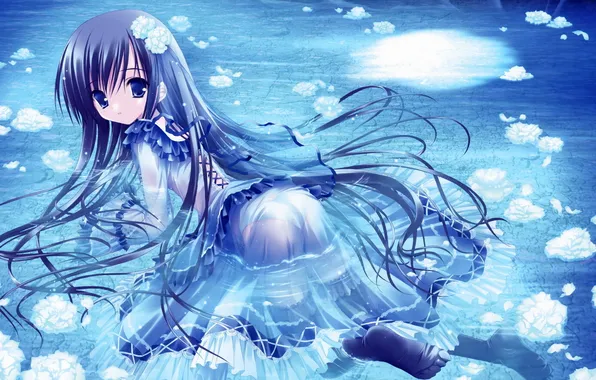 Картинка вода, цветы, аниме, девочка