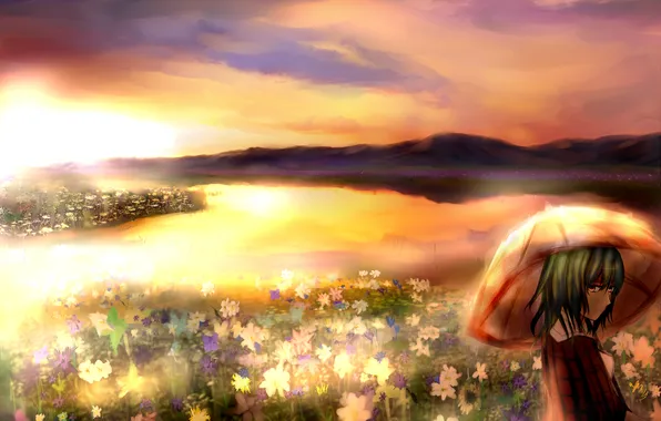 Картинка поле, девушка, закат, цветы, озеро, зонт, touhou, art