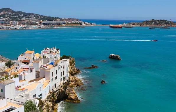 Картинка море, скалы, остров, дома, Испания, island, Spain, Ibiza