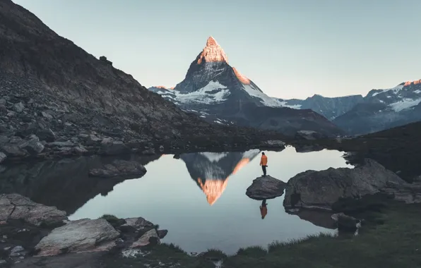 Картинка горы, озеро, скалы, человек, гора, Швейцария, вершина, Маттерхорн