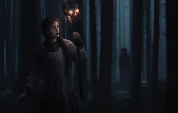 Девушка, Ночь, Череп, Деревья, Лес, Сказка, Girl, Тьма