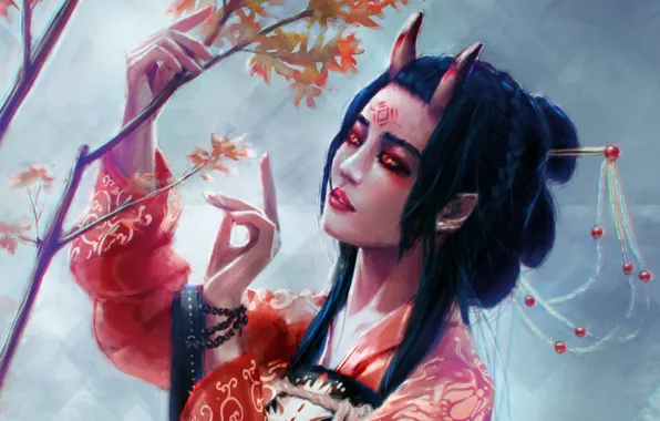 Картинка взгляд, дерево, япония, фэнтези, арт, рога, кимоно, демоница