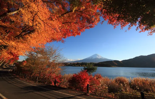 Дорога, осень, небо, деревья, озеро, гора