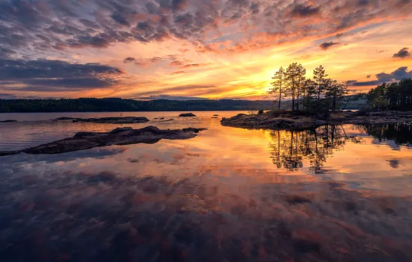 Закат, озеро, Norway, Ringerike
