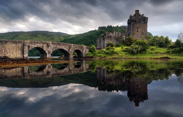 Картинка мост, остров, весна, Шотландия, замок Эйлен-Донан, фьорд Лох-Дуйх