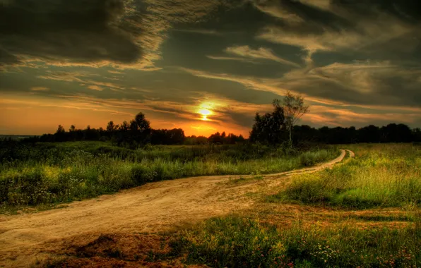 Картинка дорога, поле, небо, закат, sky, landscape, nature, sunset