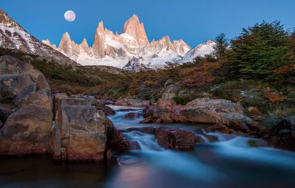 Картинка горы, ночь, река, луна, поток, пики, Аргентина, Анды
