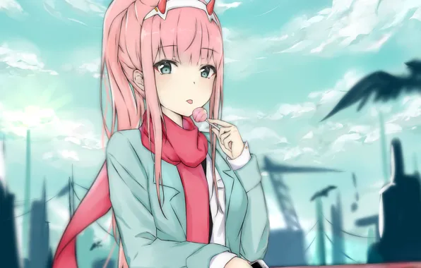 Небо, девушка, мост, аниме, арт, смартфон, 002, Darling In The Frankxx