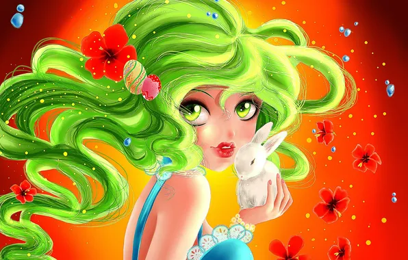 Цветок, взгляд, девушка, аниме, кролик, зеленые волосы, лицо. глаза