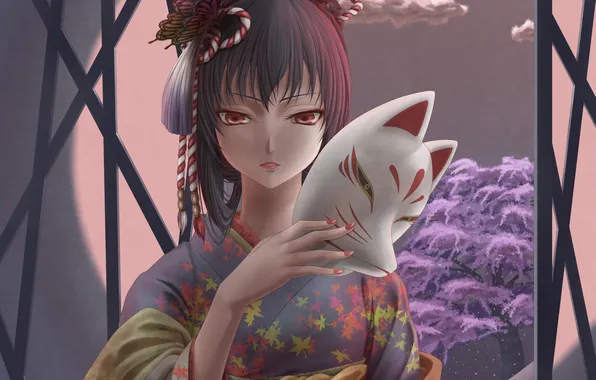 Картинка девушка, дерево, бабочка, рука, маска, окно, арт, кимоно