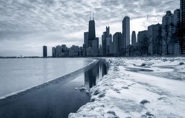 Зима, снег, город, река, небоскребы, Чикаго, Иллиноис