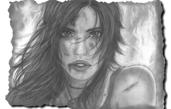 Картинка взгляд, девушка, лицо, волосы, рисунок, арт, губы, Lara Croft