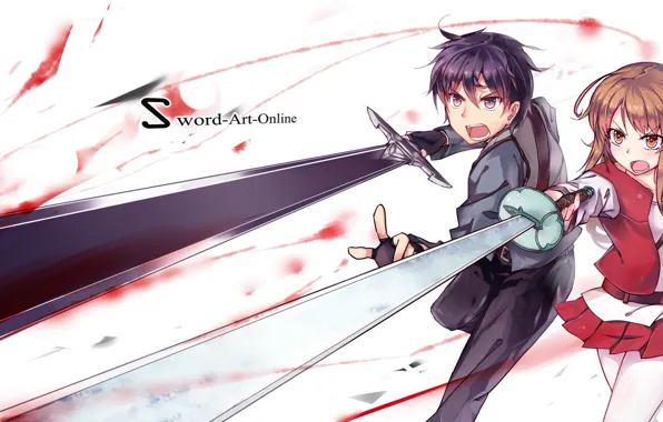 Картинка девушка, оружие, аниме, арт, парень, мечи, sword art online, yuuki asuna