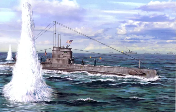 Рисунок, взрывы, арт, подводная лодка, американская, выстрелы, конвой, матросы