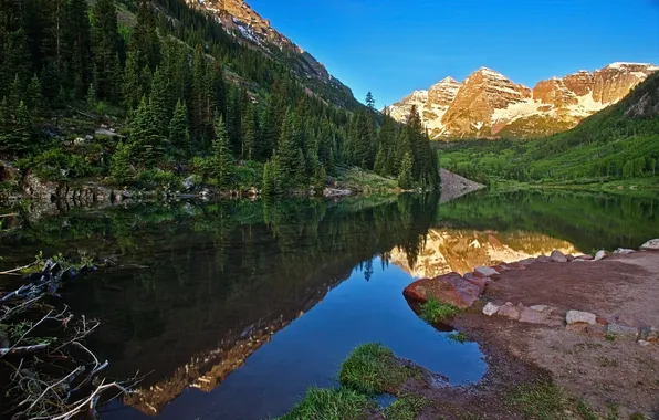 Лес, небо, деревья, горы, озеро, камни