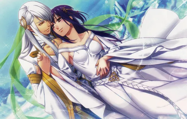 Флирт, visual novel, Yui Kasanagi, Balder Hringhorni, длинные белые волосы, парень с девушкой, kamigami no …