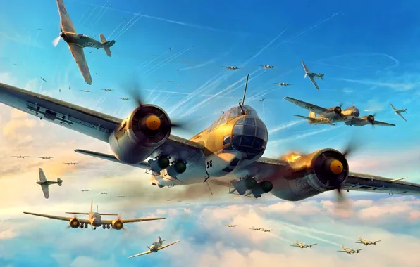 Картинка Hurricane, Junkers, Battle of Britain, RAF, Luftwaffe, Artwork, Hawker, Fighter