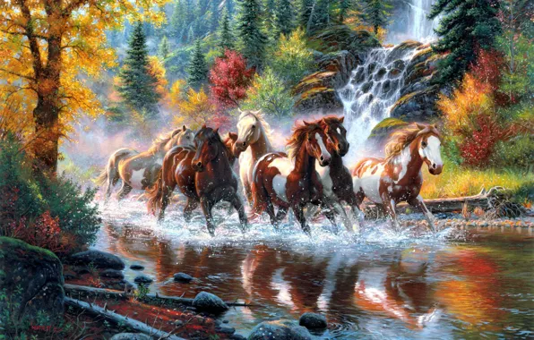 Картинка осень, лес, деревья, река, водопад, кони, лошади, арт