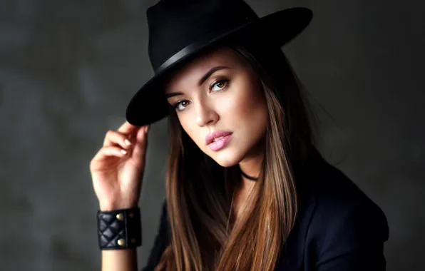 Картинка Brunette, Model, Background, Hat, Jacket, Long Hair, Look, Makeup