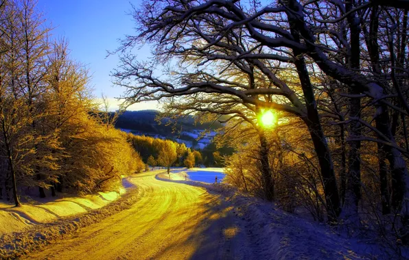 Зима, дорога, лес, небо, снег, деревья, пейзаж, природа