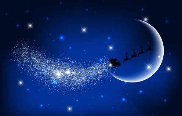 Картинка Зима, Ночь, Луна, Рождество, Новый год, Санта Клаус, Звёзды, Олени