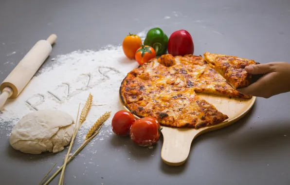 Рука, сыр, овощи, пицца, выпечка, pizza, мука, тесто