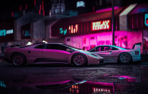 Музыка, Lamborghini, Игра, Неон, Стиль, Фон, Ferrari, Арт