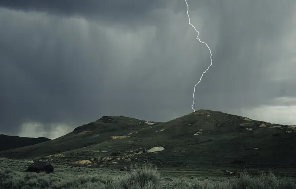 Lightning, hills, cloudy, raining, cabins
