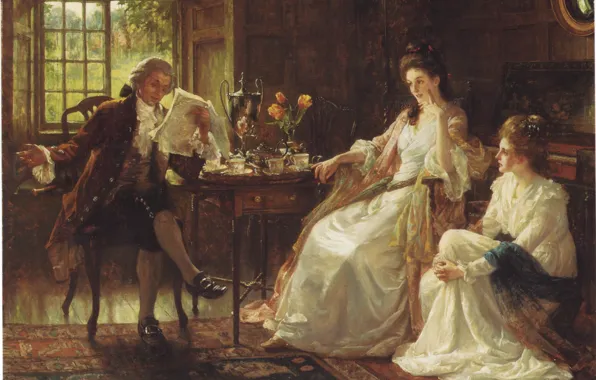 Картинка цветы, две женщины, окно, чаепитие, кружки, фортепиано, самовар, DICKSEE