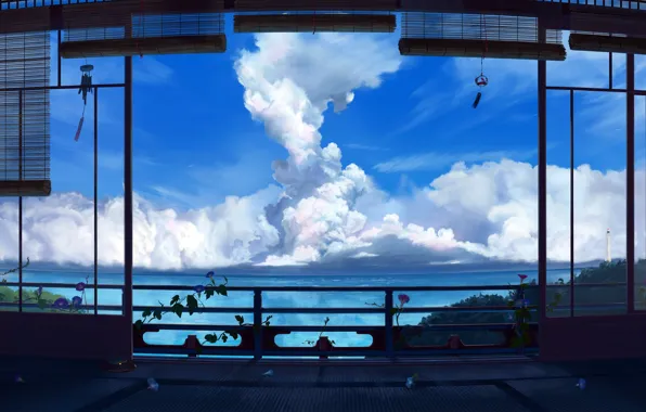Картинка море, облака, океан, маяк, веранда