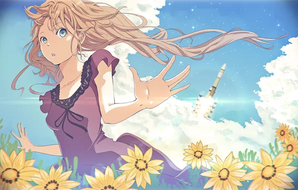 Картинка небо, облака, цветы, Девушка