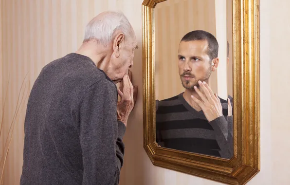 Reflection, mirror, Old man, young man