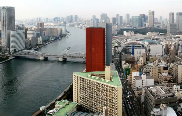Мост, небоскребы, Япония, Tokyo, Japan, река Сумида, Качидоки-баши