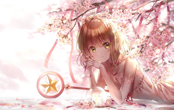 Жезл, стеклянный шар, красная лента, розовое платье, Cardcaptor Sakura, Sakura Kinomoto, Сакура собирательница карт, цветение …