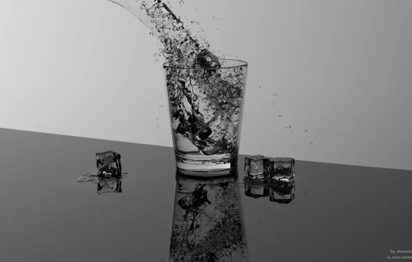 Лед, вода, стакан, черно белое, glass, ice, water, Black White