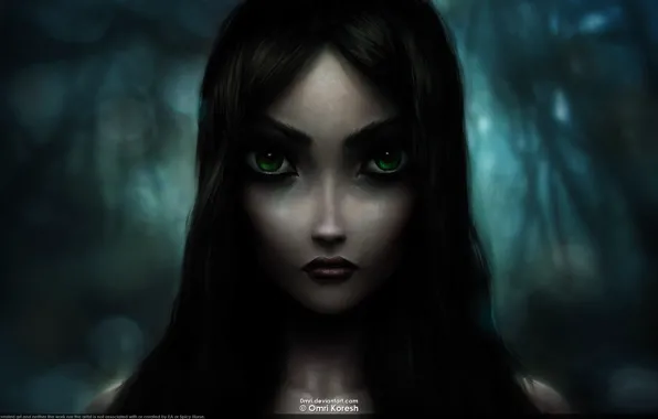 Картинка взгляд, madness, черные волосы, зеленые глаза, Alice, returns