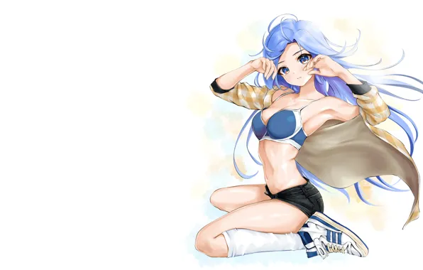 Girl, sexy, cleavage, shorts, long hair, boobs, anime, blue eyes