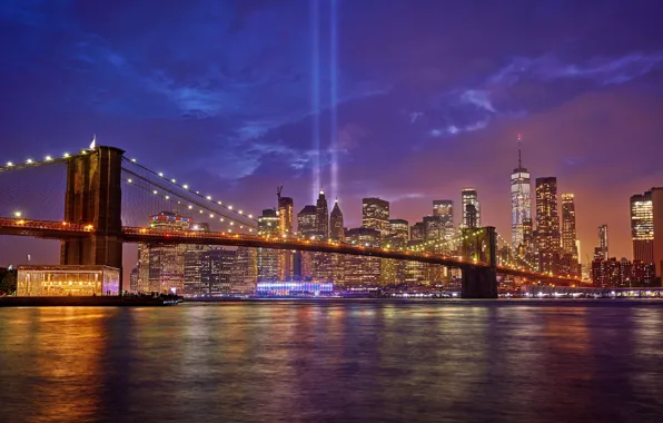 Ночь, Нью-Йорк, USA, США, Бруклинский мост, New York, Brooklyn Bridge, River