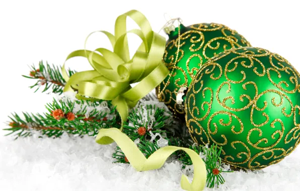 Картинка снег, зеленый, green, елка, бант, зелёные, ёлочные, Christmas balls