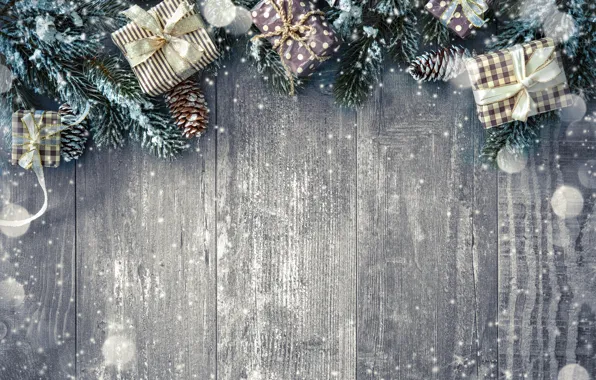 Картинка снег, украшения, Новый Год, Рождество, подарки, happy, Christmas, wood