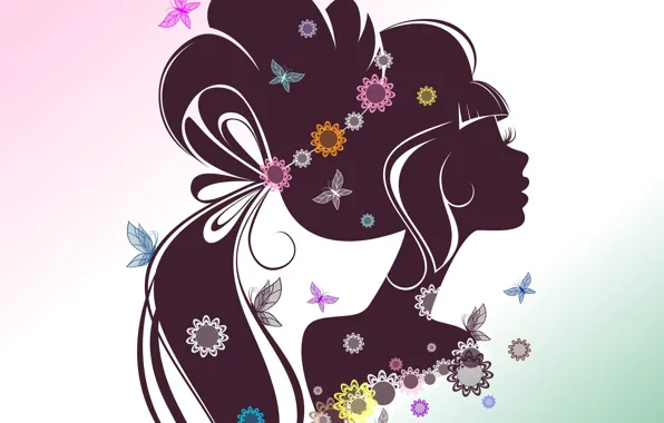 Девушка, бабочки, цветы, лицо, ресницы, фон, волосы, силуэт