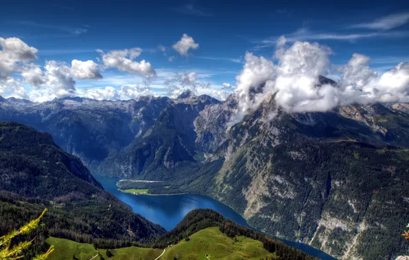 Облака, горы, река, поля, Германия, Бавария, Альпы, панорама