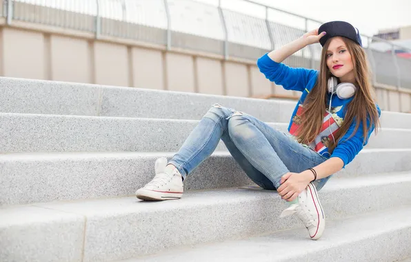 Girl, model, jeans, cap, cute, sneakers