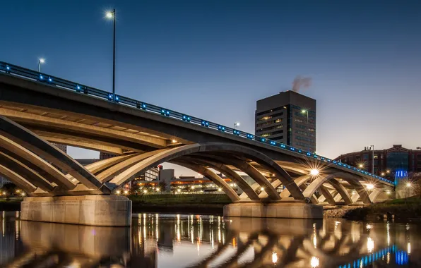 Ночь, мост, огни, дома, опора, США, Огайо, Rich Street Bridge