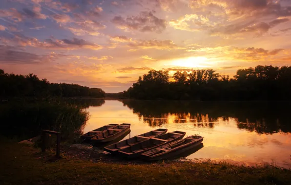 Закат, берег, лодки, вечер, водоем
