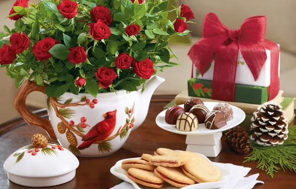 Картинка цветы, стол, шоколад, розы, букет, Новый Год, печенье, Рождество