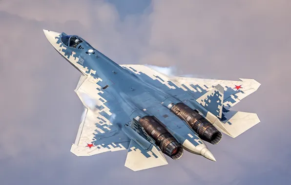 Картинка небо, полёт, многоцелевой истребитель, ВКС России, истребитель пятого поколения, Су-57, Su-57